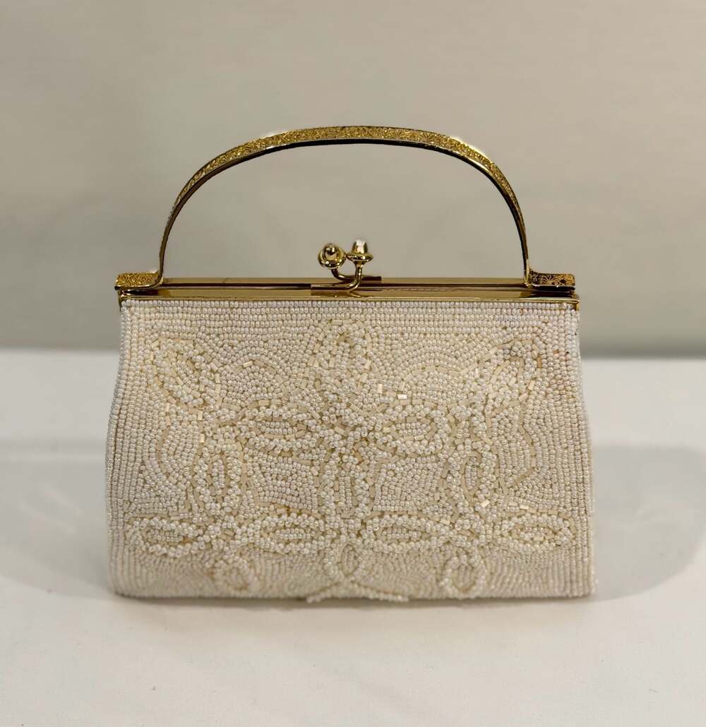 Vintage Marshall Field & Co. White Hand Beaded Floral Evening Bag Made in Japan